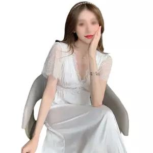 반팔 새틴 잠옷 커플 롱슬립 여행용 여성 뷔스티에 속옷 선물용 레이스 슬립웨어 웨딩