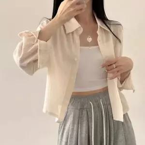 여자 파스텔 컬러 여름 소재 세미크롭 기장 블라우스 린넨블라우스 (WF26ABD)