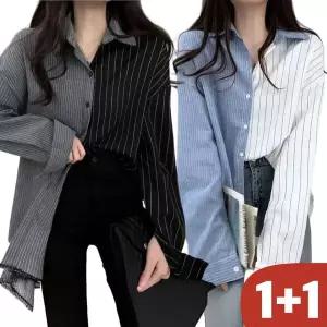 150kg까지 빅사이즈 1+1 여성 이어붙이다 넥카라 스프 셔츠 봄 가을 편한 단추 클래식 배색 캐주얼 하프 데