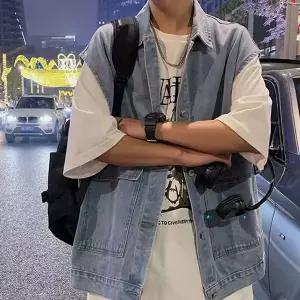 스타일 데님 남성 외출 조끼 시티보이 케주얼 루즈핏 면조끼