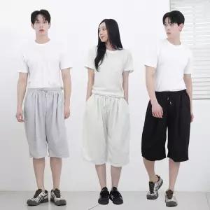 남녀공용 버뮤다 7부바지 와이드 핀턱 트레이닝 운동복 팬츠 밴딩 두꺼운반 무지 주머니고무 반바지 집앞룩