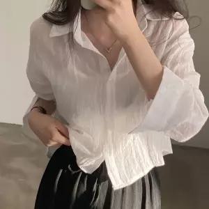 여름 여성 브이넥 긴팔 셔츠 루즈핏 심플 상의