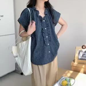 여름 여성 체크 프릴 반팔 셔츠 루즈핏 캐주얼 베이직