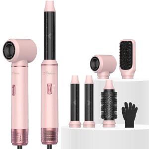 ATOPSKINS 5 IN 1 헤어 드라이어 브러시 세트 탈부착 가능한 열풍 스타일러 브러시 3가지 열 설정 자동 컬링 랩 오닉 스타일링 도구 - 스트레이트닝 컬 드라이 볼륨 매끄러운 (핑크) hJA