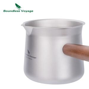 Boundless Voyage 티타늄 컵 채반 싱글 레이어 커피 머그잔 나무 손잡이가 달린 캠핑 하이킹 포트 380ml