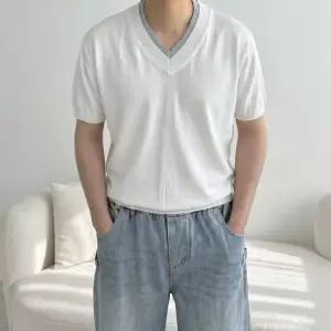 배색 머슬핏 여름 얇은 브이넥 워셔블 반팔 니트 4color