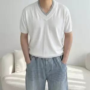 [모노폴로지]배색 머슬핏 여름 얇은 브이넥 워셔블 반팔 니트 4color