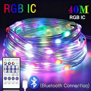 40M LED 스트링 RGB 라이트 스마트 야외 장식 파티 가죽 라인 IP65 블루투스 음악 램프 요정 조명