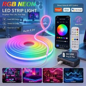 스마트 RGB 네온 LED 스트립 조명은 TUYA/Alexa와 호환되며 USB 108LED/M 램프 테이프 앱 제어 디밍 가능