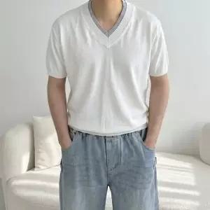 [모노폴로지]배색 머슬핏 여름 얇은 브이넥 워셔블 반팔 니트 4color