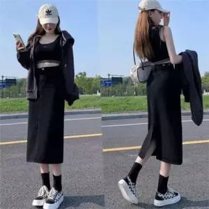 셀럽하우스 뒷트임 여성 데님 치마 스트랩 데님 스커트 데일리 밴딩