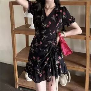 셀럽하우스 플라워 여성 랩 원피스 브이넥 랩 원피스 스트랩 프릴 여름