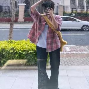 셀럽하우스 매력적인 핑크 컬러 데일리 여름 체크 반팔셔츠 남방