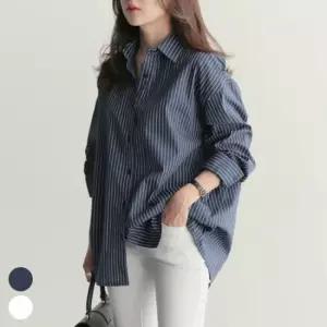 셀럽하우스 블루남방 스트라이프셔츠 여성셔츠 린넨 긴팔 여성와이 카라 셔츠 루즈핏 오버핏