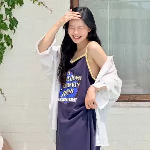 프린팅 끈나시 롱 원피스 H라인 여성 빅사이즈