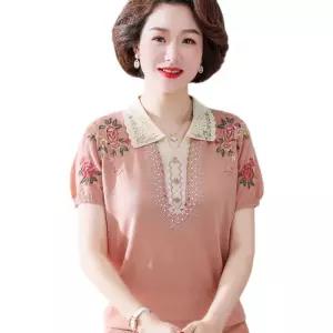 여름옷 베이직 반팔 노인여성 카라티 반팔티 중년 니트 루즈 티셔츠 자수탑