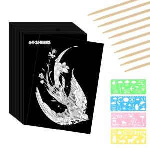 뮤페쿰 60매 스크래치 페이퍼 아트 세트 블랙 코팅 보드 공예 키트 레이저 페이퍼 성인용 (7.1