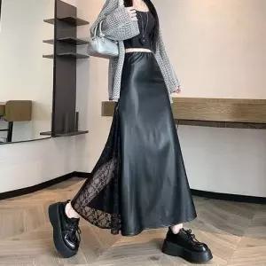 마르소 치마 롱 가을 레이스 여성쉬폰스커트 프렌치 슬림핏 하이웨스트 PU가죽 UNO3