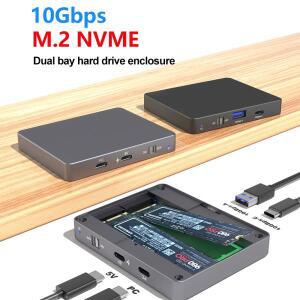 듀얼 베이 NVMe SATA SSD 인클로저 M.2 하드 드라이브 케이스 10Gbps USB C GEN2 외장형 디스크 박스 어댑