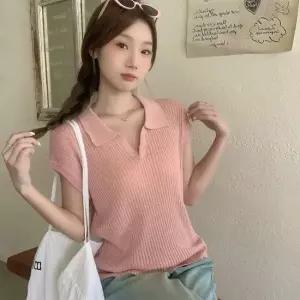 친절한탄씨 여성 브이넥 골지 카라 니트 크롭니트 브이넥니트 카라니트 골지니트 여름니트 얇은니트