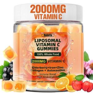 레포르투 리포솜 C 2000mg 구미, 철분, 아연, 엘더베리가 함유된 츄어블 보충제 - 면역 지원, 무설탕, 60 카운트, 오렌지