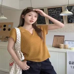 친절한탄씨 여자 2컬러 브이넥 골지 카라 니트 반팔티셔츠 크롭니트 브이넥니트 카라니트 골지니트
