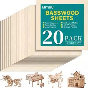 MITINU 공예용 20팩 배스우드 시트 12 x12 x1/8 3mm 두께 합판 절단 목재 연소 건축 모델 염색을 위한