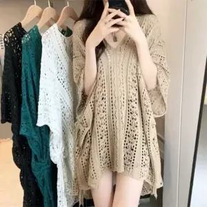 해변 체형커버 휴가 여름 레이스 니트 메쉬 그물 커버업 여성 시스루 빅사이즈 여자 박스티 아우터