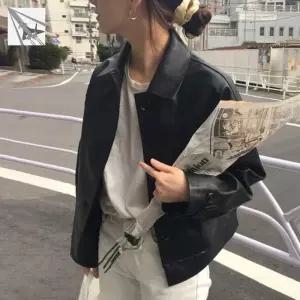 재킷 레더 하이넥 자켓 가죽 인조 루즈핏 블랙 봄