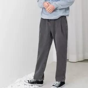 남자 뒷밴딩 오버핏 그레이 핀턱 배기 데님 청바지 (WD9ED40)