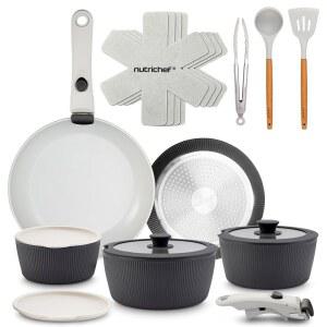 분리 가능한 손잡이, 논스틱 냄비 및 팬, PTFE 프리 천연 세라믹 코팅, 공간 절약 디자인, 오븐 스토브 NutriChef 18피스 조리기구 세트, 식기