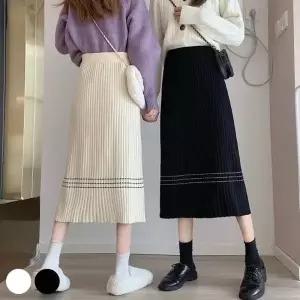 데님스커트 A라인 3줄 포인트 골지 롱스커트
