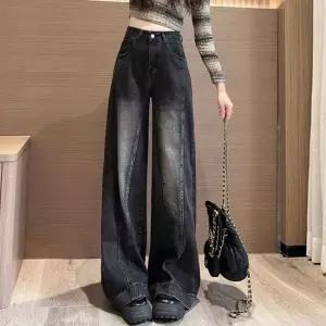 셀럽하우스 여성 워싱 블랙데님 통바지 와이드핏 청바지 하이웨이스트