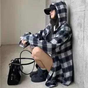 셀럽하우스 체크 오버핏 빈티지 여친룩 긴팔 후드셔츠