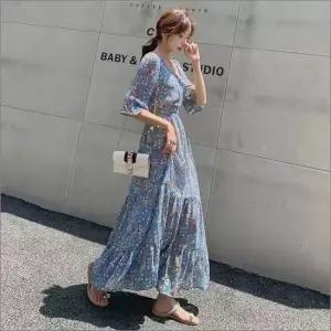 셀럽하우스 데이트룩 원피스 바캉스룩 5부 여름 러플 롱원피스 허리 플라워 밴딩
