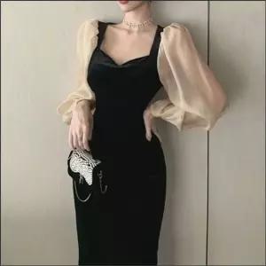 셀럽하우스 여자 롱원피스 벨벳 파티룩 퍼프소매 페미닌 슬림핏 머메이드