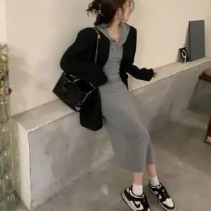 셀럽하우스 데일리 트임 후드 롱드레스 체형보정 슬림라인 간절기 꾸안꾸 롱스커트 원피스