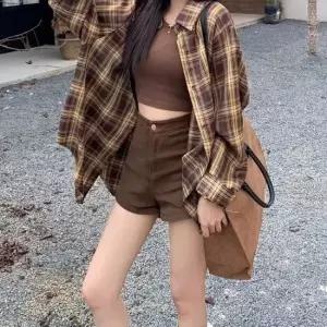셀럽하우스 여성 2컬러 체크 패턴 루즈핏 스타일리시한 셔츠남방