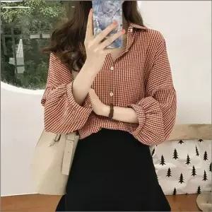 셀럽하우스 체크셔츠 여자 블라우스 3컬러 남방 루즈핏 벌룬소매 깅엄