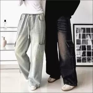 셀럽하우스 와이드핏 워싱 남녀공용 청바지 카고팬츠 일자 데님 허리밴딩