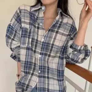 셀럽하우스 여성 시원한 오버핏 블루 체크 롱셔츠 포켓 체크남방