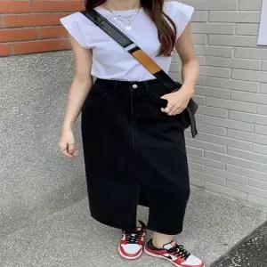 롱슬릿스커트트임데님밑단청치마미디스커트 H라인데님스커트 데님스커트 청스커트