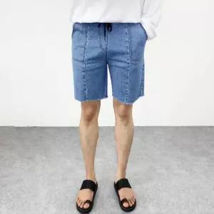 [엠클로]남자 슬림핏 연청 진청 핀턱 라인 스판 하프 데님 컷팅 밴딩 청반바지 2컬러
