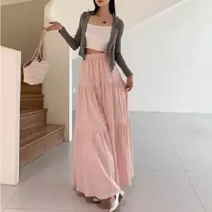 여름 주름 롱스커트 여성 허리밴딩 하객룩 데일리 긴치마