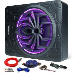 세븐투어 10인치 1000W 슬림 언더시트 전동차 서브우퍼 밀폐형, 차량/트럭 오디오 서브 내장 앰프 패키지 콤보, LED 조명(서브우퍼 + 마운팅 와이어 키트)