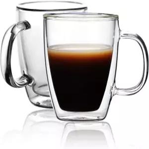 CNGLASS 단열 에스프레소 유리잔 5.4온스/160ml 작은 투명 커피잔 세트 2개 차와 마키아토용 손잡이가 달린