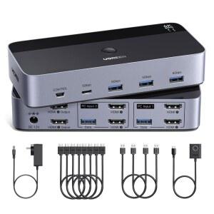 UGREEN HDMI KVM 스위치 2 모니터 컴퓨터 4K@60Hz, 컴퓨터용 USB 3.0 포트 4개 공유 케이블, 케이블 2개, 전원 어댑터 및 컨트롤러 포함 키보드 마우스 프린터 2개