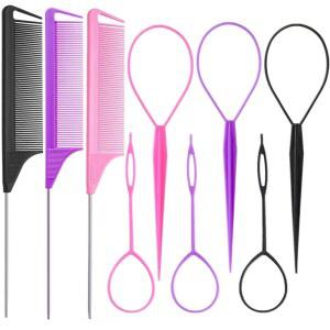 루움자이 9PCS 탑시 헤어 테일 툴 및 쥐꼬리 빗 세트 프렌치 브레이딩 링 6PCS 메탈 파팅 3PCS 여성 스타일링 (핑크 퍼플 블랙)