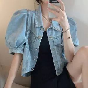 여자 여름 벌룬 퍼프 소매 반팔 청자켓 데님 크롭