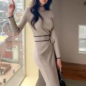 니트롱원피스 반목 롱 니트 원피스 허리 리본 랩원피스 롱원피스